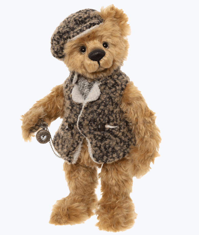 A charming teddy bear dressed in a knitted brown vest and matching beret, holding a pocket watch with a chain.